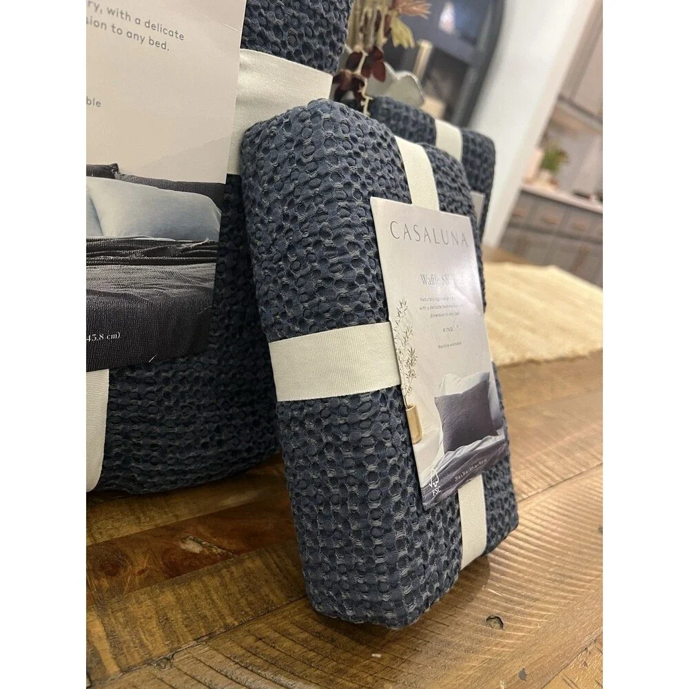 SET! King Textured Waffle Coverlet & 2 King Shams Dark Mineral Blue Casaluna